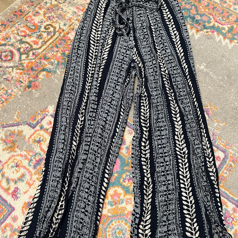 Angie Blue and White Wide Leg Pants with Geometric Print